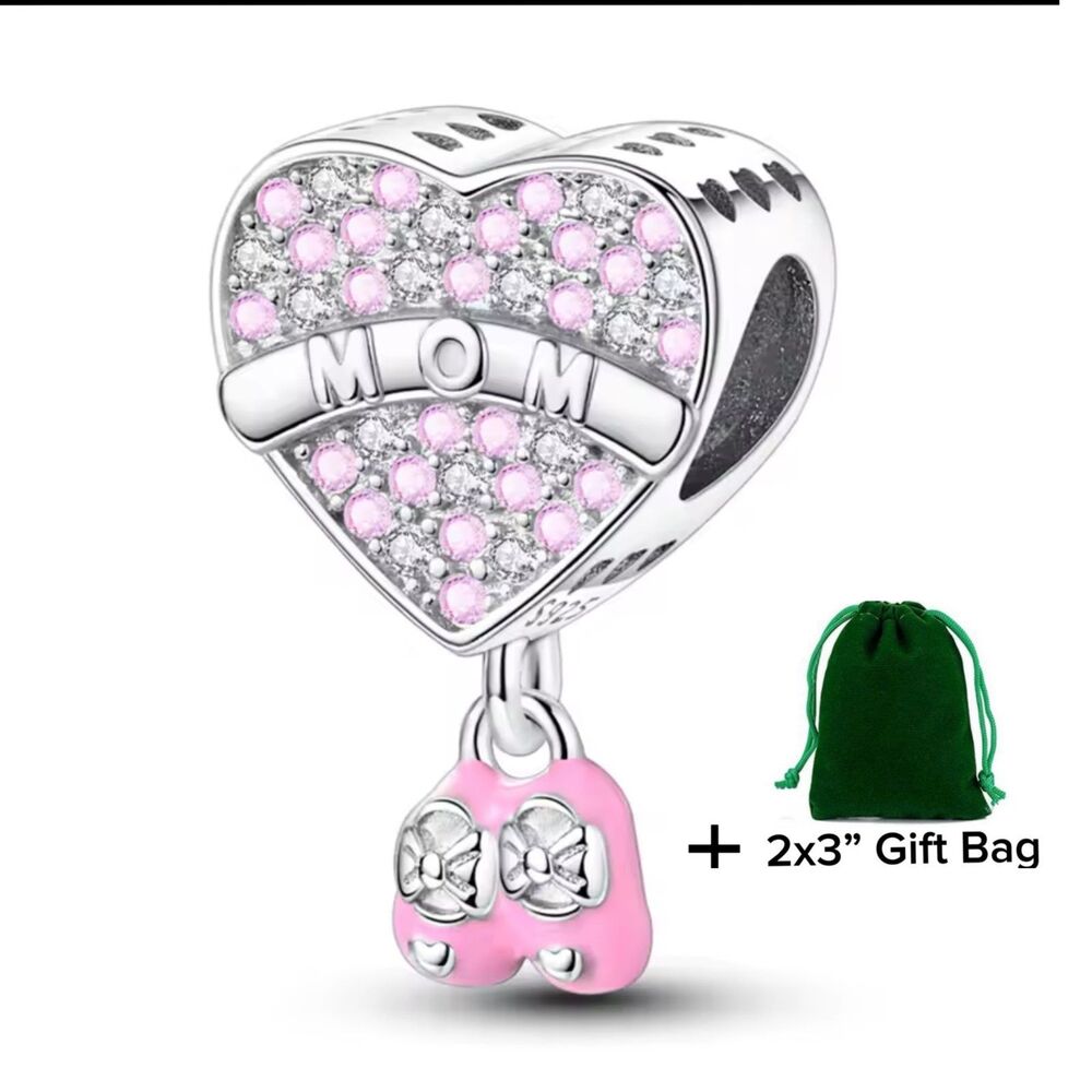 Mom Heart Pink Baby Shoes Dangle Charm | 925 Silver | Brand New